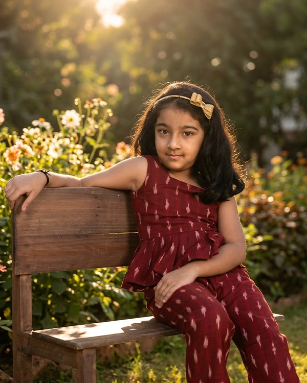 Girls Maroon Ikat Cotton Co-ord Set